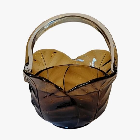 Viking Other - Vintage Viking Hand Made Amber Leaf Clear Handle Collectable Glass Bowl